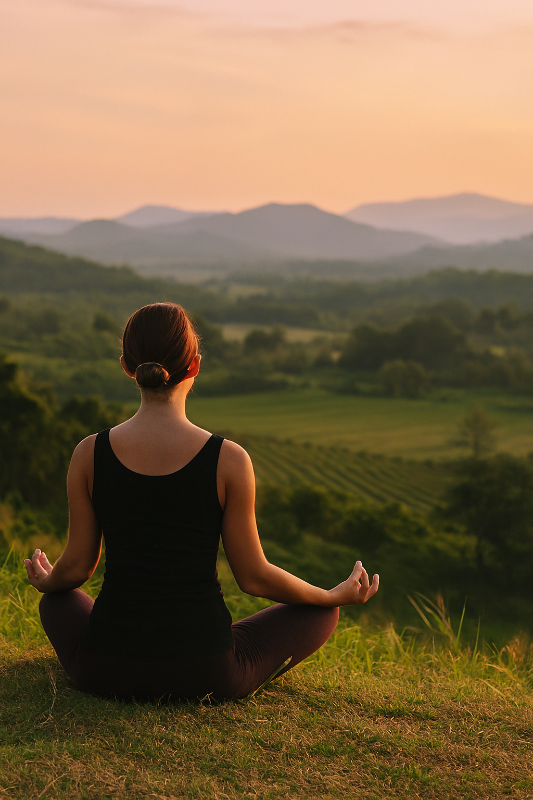 meditation au soleil couchant dans un paysage viticole