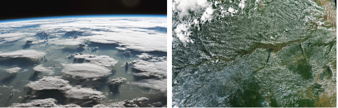 Ces deux images prises de l’espace nous montrent la densité de nuages issus de l’évapotranspiration au-dessus du bassin amazonien –Crédit Nasa