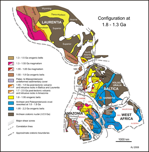 Ajustement proposé de la Laurentia, de la Baltica, de l'Amazonia et de l'Afrique de l'Ouest pour la période de 1,8 à 1,3 Ga.