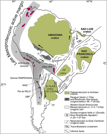Croquis des cratons (vieux socles cristallins) précambriens du sud de l'Amérique du Sud (modifié d'après Casquet et al. 2012).