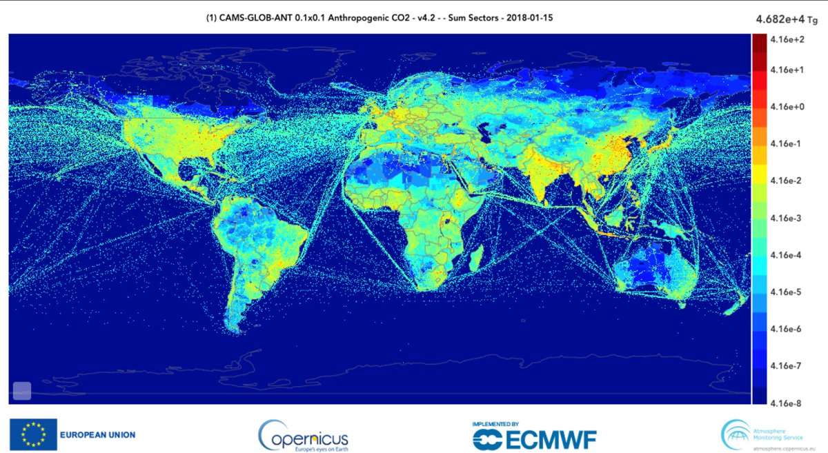 Émissions anthropiques totales de dioxyde de carbone (CO2) pour tous les secteurs pour 2018. Crédit : CAMS/LA-CNRS