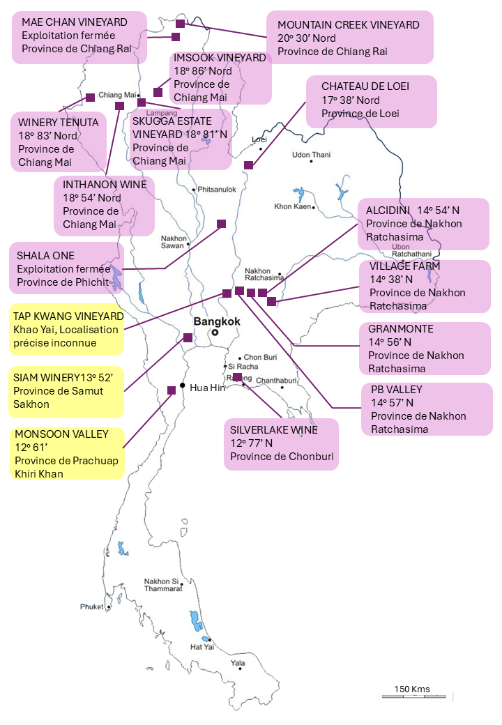 Carte des principaux vignobles de Thaïlande